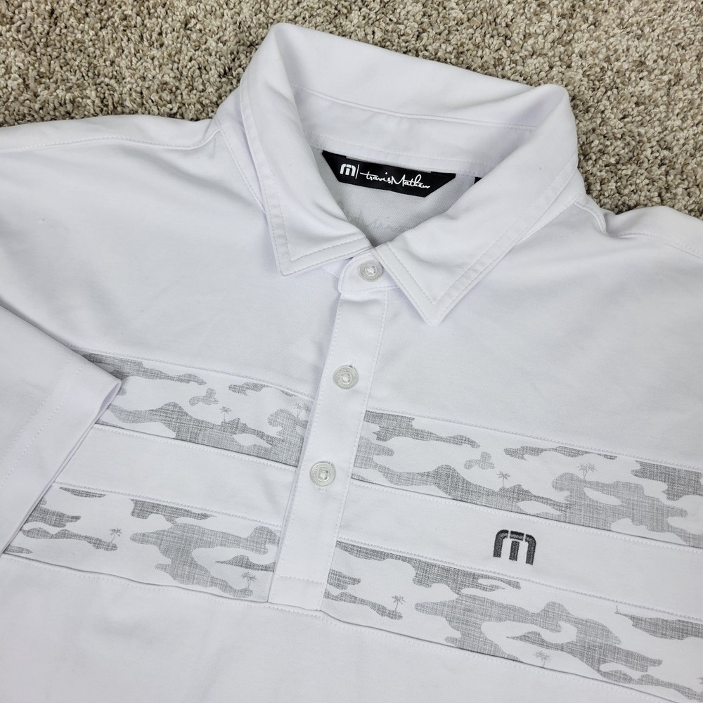 Travis Mathew Mens Large White Chest Stripe Performance Stretch Golf Polo SS